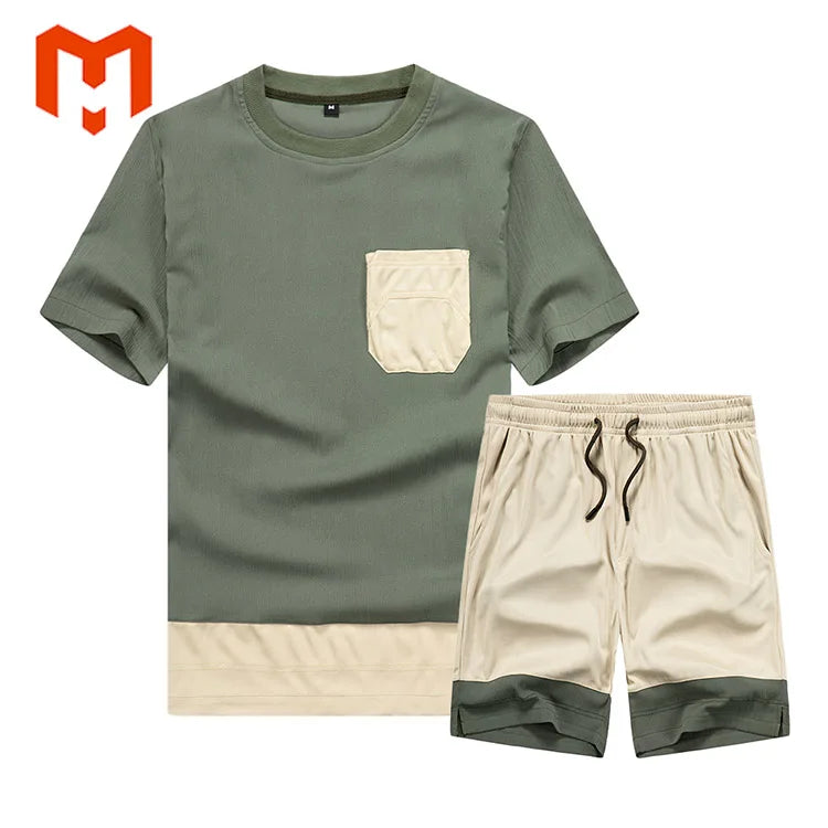 New Male T-shirts+Shorts Men Tracksuit Casual Sets Hip Hop Streetwear Mens Sports Suit Solid Patchwork Set for Men