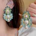 Vintage Pearl Rhinestone Flower Stud Earrings Fashion French Style Luxury Exaggerated Earrings for Women