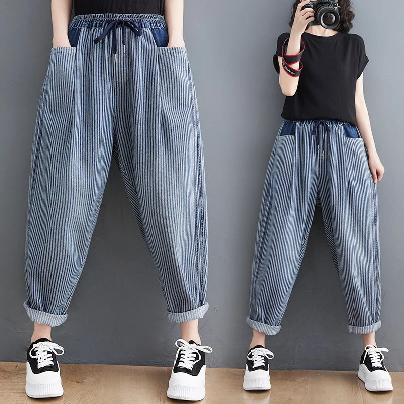 Wholesale 2026 Vertical Stripe Jeans Women's Summer Loose Large Elastic Waist Drawstring Capris Casual Skinny Harlan Jeans