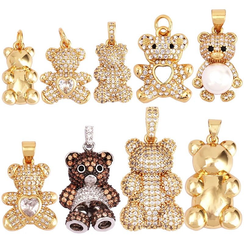 Cute Bear Charm Pendant in Gold Colour  Pearl Cubic Zirconia CZ Paved  Jewelry Necklace Bracelet Making Wholesale Supplies M85