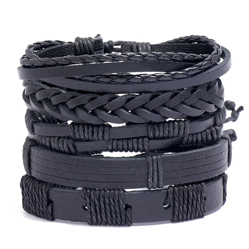 Men's Retro Simple Braid Black Leather Bracelet Fashion Accessories with Stylish Charm Bracelets