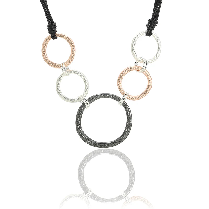 Minimalist Black Rope Cord Five Hammered Circle Five Decades Choker Necklace Sister Gift