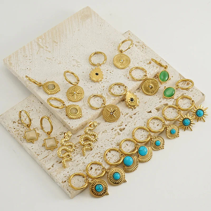 Hypoallergenic Huggie Earrings Stainless Steel Jewelry Gold Plated Snake Sun Star Turquoise Dangle Hoops Huggie Earrings