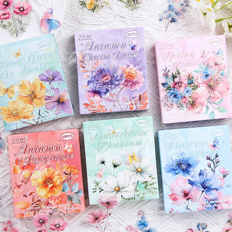 60 Sheets per Box Vintage Four Seasons Flower Handbook Stickers Creative Language Decorative Material Four Seasons Flower Theme