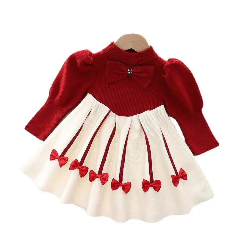 2023 New Style for Girls Sweater Dress Children Winter Knit Clothes Long Sleeves Casual Outfits Bow Toddler Princess Party Dress