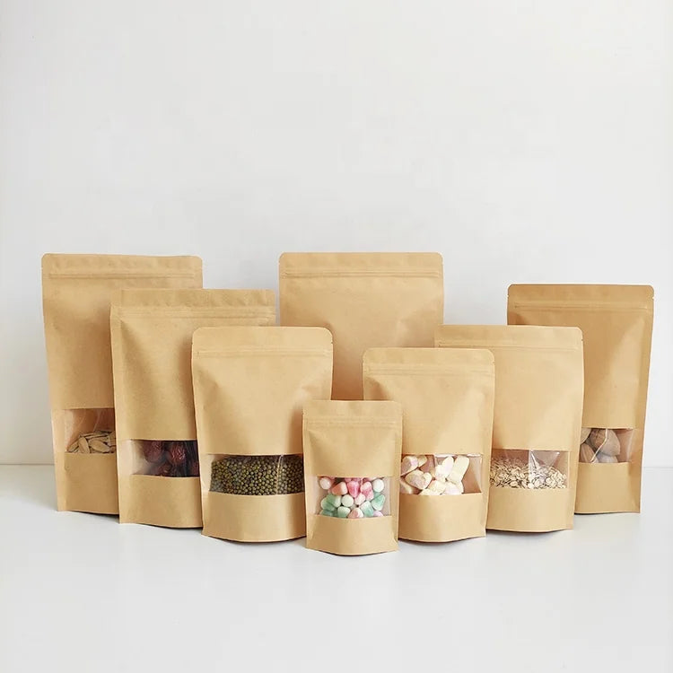 18x26cm In-stock Clear Window Stand up Doypack Kraft Paper Food Pouch Packaging Bag With Zipper for Small Business