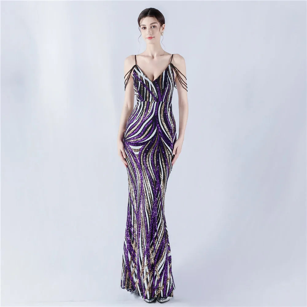 33028# New Stripes Matching Color Slim-fit Dinner Host Annual Meeting Strap Long Dress Woman Sequin