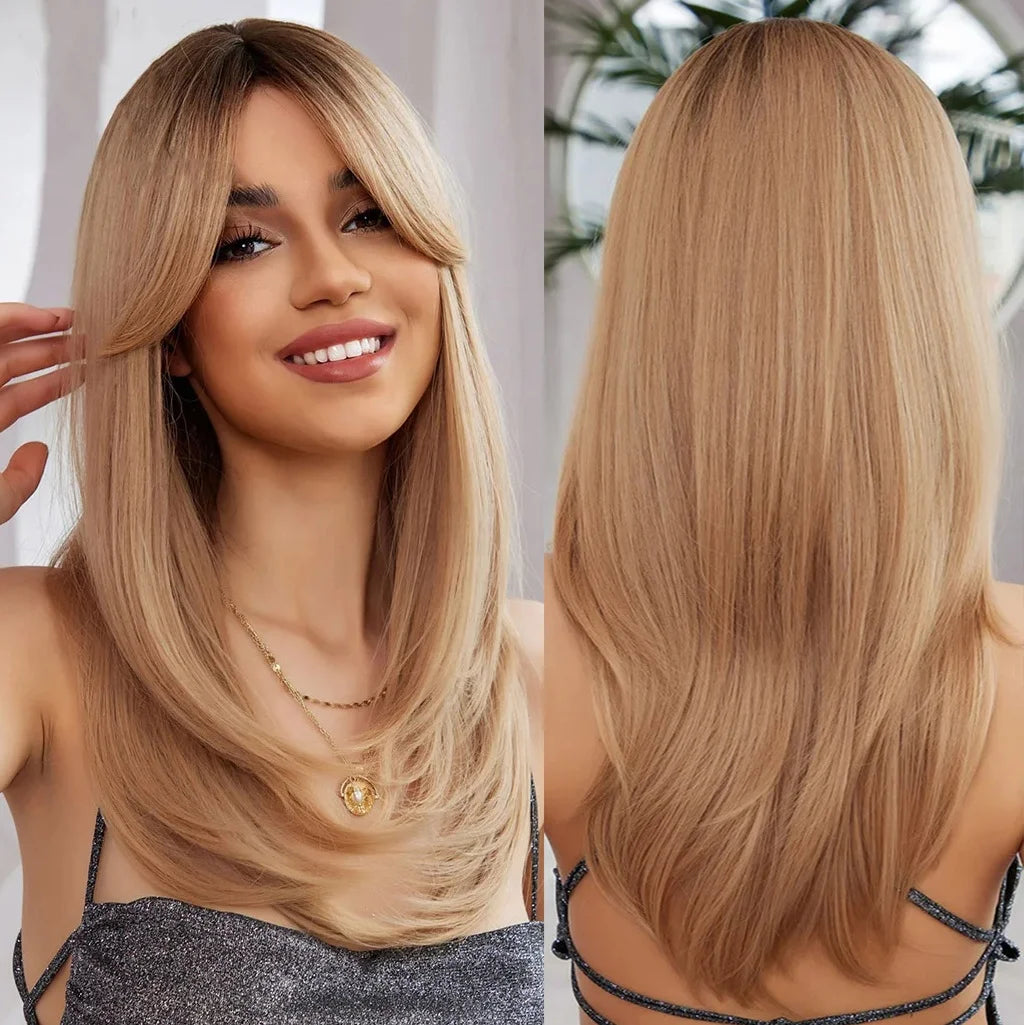 Synthetic Wigs Medium Long Straight Brown Blonde Wig for Women Cosplay Daily Party Wigs Heat Resistant Hair