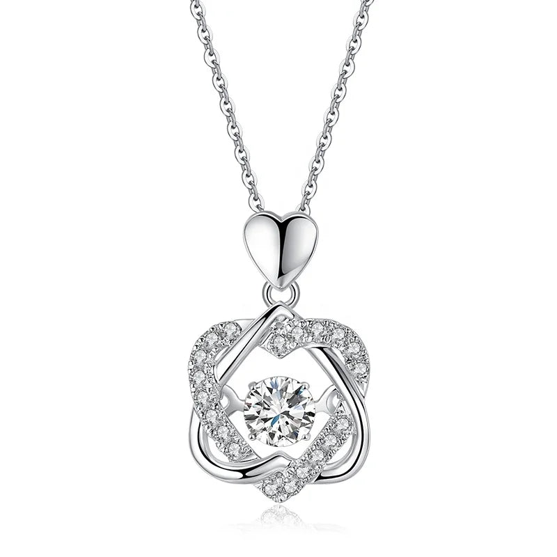 Trendy 100% Sterling Silver 925 Soild Argent Interlocking Double Heart Beating Diamond Dancing Moissanite Pendant Necklace