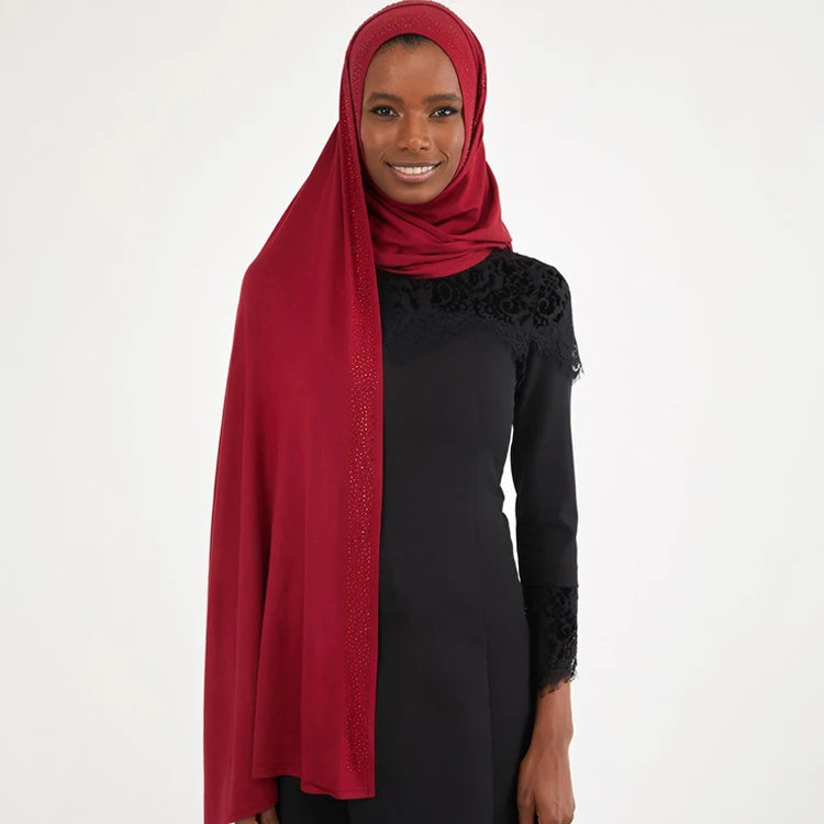Extra Long Knitted Jersey Hijab Scarf Hat With Diamond Dubai Malaysia Islamic Women Jersey Hijab Long Scarf