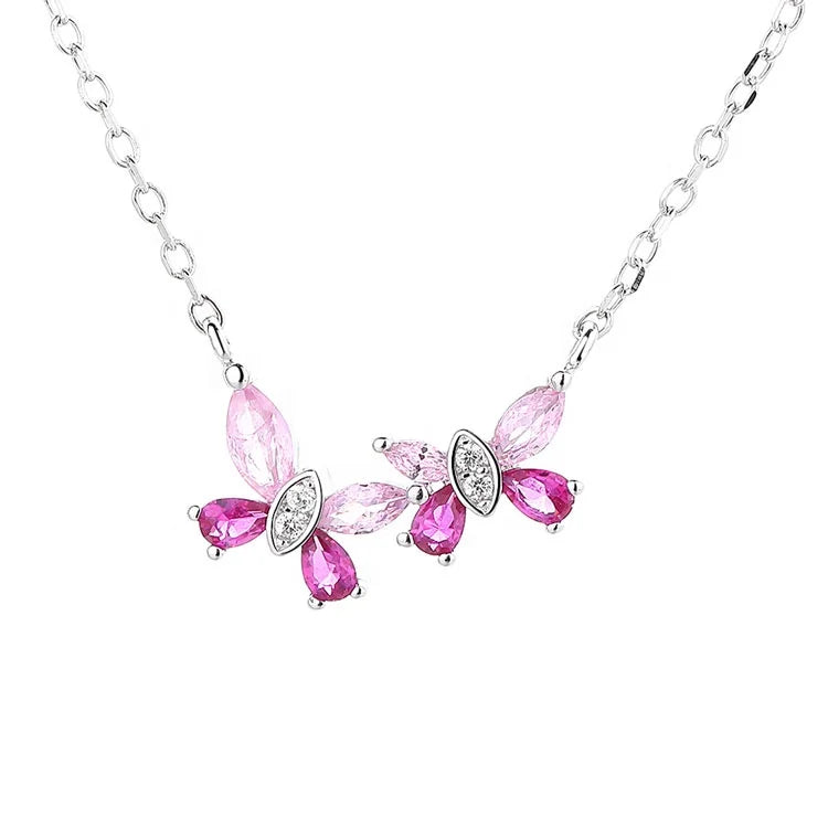 Yaeno Jewelry Pure Silver 925 Cute Pink Butterfly Charm Necklace for Kids Gift