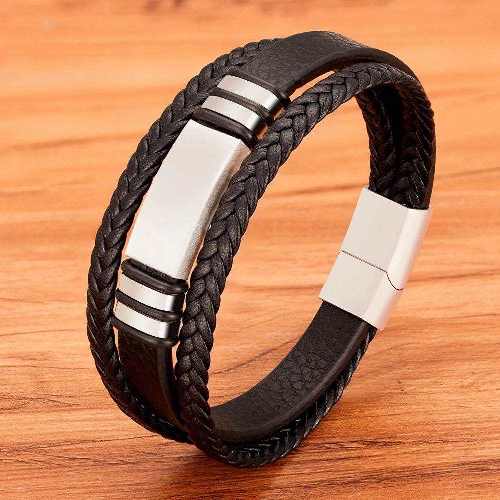 Hot Sale Black Leather Stainless Steel Charm Clasp Bracelet Handmade Multi Layer Braided Leather Bracelet for Women