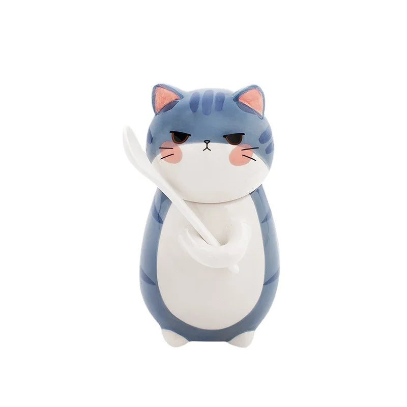 Japanese Cartoon Cute Cat Ceramic Couple Cup Breakfast Milk Coffee Ins Mug with Lid Metal Tumbler for Gift Back to School