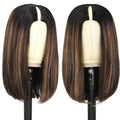 Brown Highlight V Part Bob Wig Human Hair U Part Ombre Short Bob Wig Kinky Straight 12 Inch No Glue No Lace Clips in