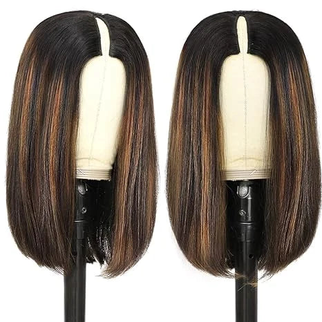 Brown Highlight V Part Bob Wig Human Hair U Part Ombre Short Bob Wig Kinky Straight 12 Inch No Glue No Lace Clips in