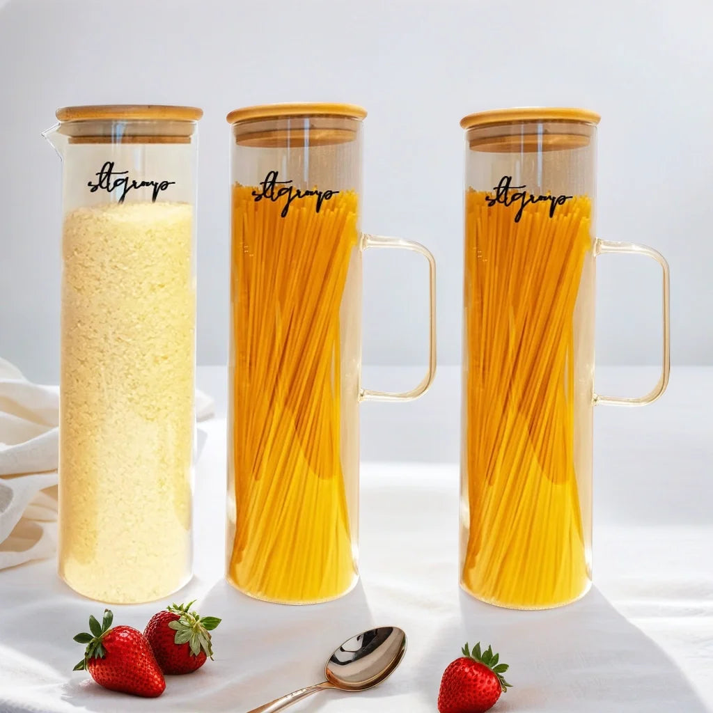 Creative Handmade High Borosilicate Glass Kitchen Storage 50oz Tall Spaghetti Noodles Pasta Jar with Bamboo Lid and Handle