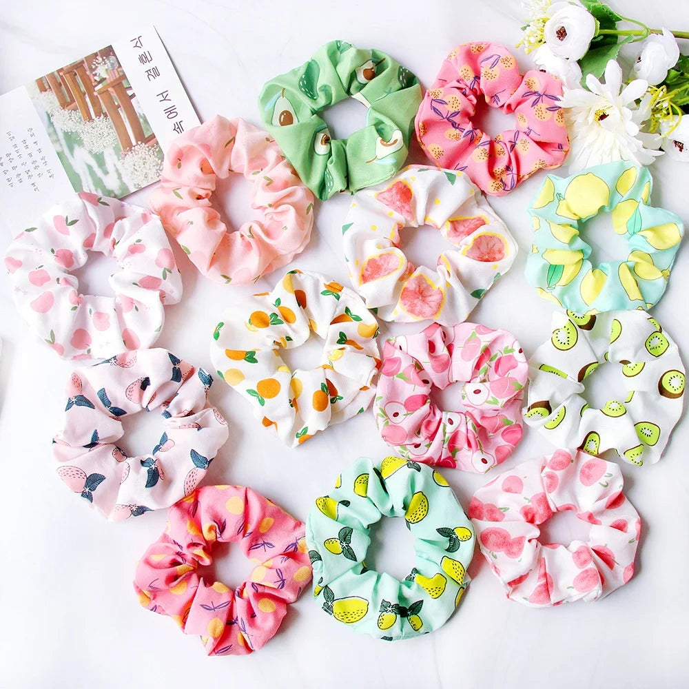 Bulk Wholesale Girls Cute Hair Elastic Ponytail Holder Spring Summer Fruits Printing Cheap Hair Scrunchies for Women