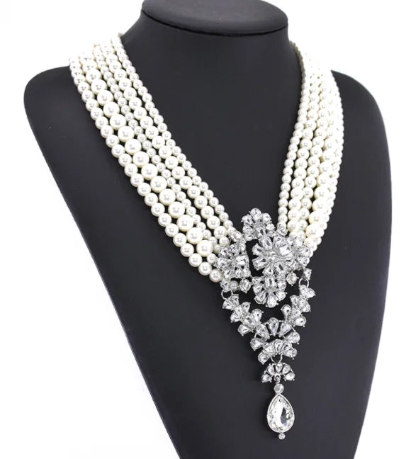 Big Brand Fashion Exaggerated Multilayer White Layered Pearl Crystal Drop Pendant Short Clavicle Necklace
