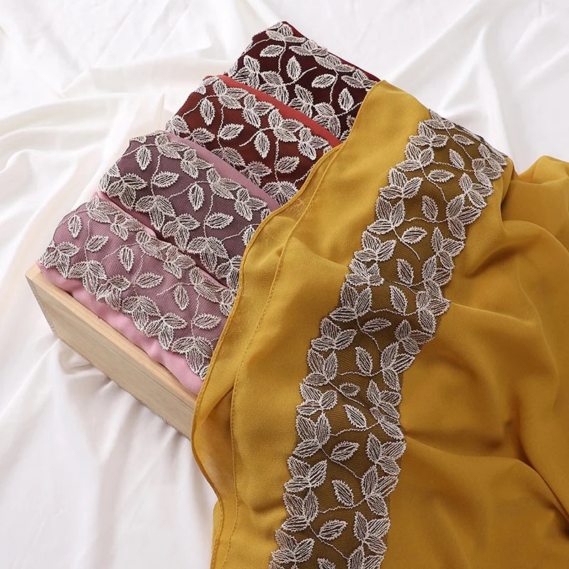 Zifeng OEM Africa Lady Indian Muslim Turban Leaf Lace Scarf Plain Women's Chiffon Hijab
