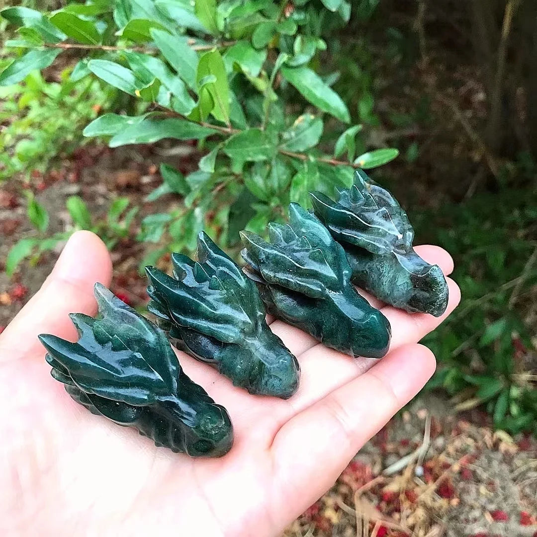 Wholesale Natural Carved Healing Crystal Moss Agate Dragon Head Skulls Carving Crafts for Decoration
