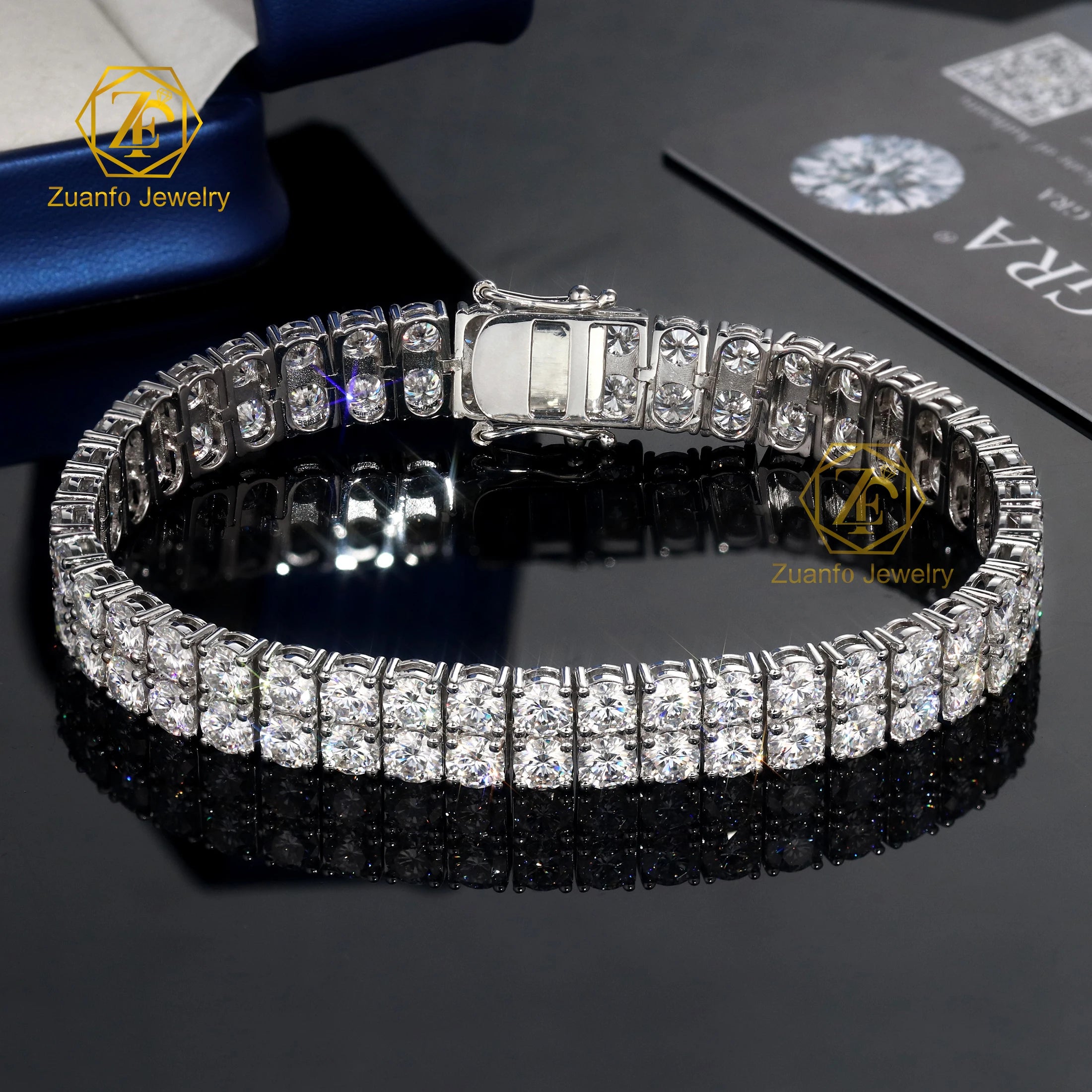 Hip Hop Charm Jewelry Bracelet 2 Rows Clustered Gra Synthetic 5MM 0.5CT Moissanite Diamond 10MM Wide Tennis Bracelet for Women