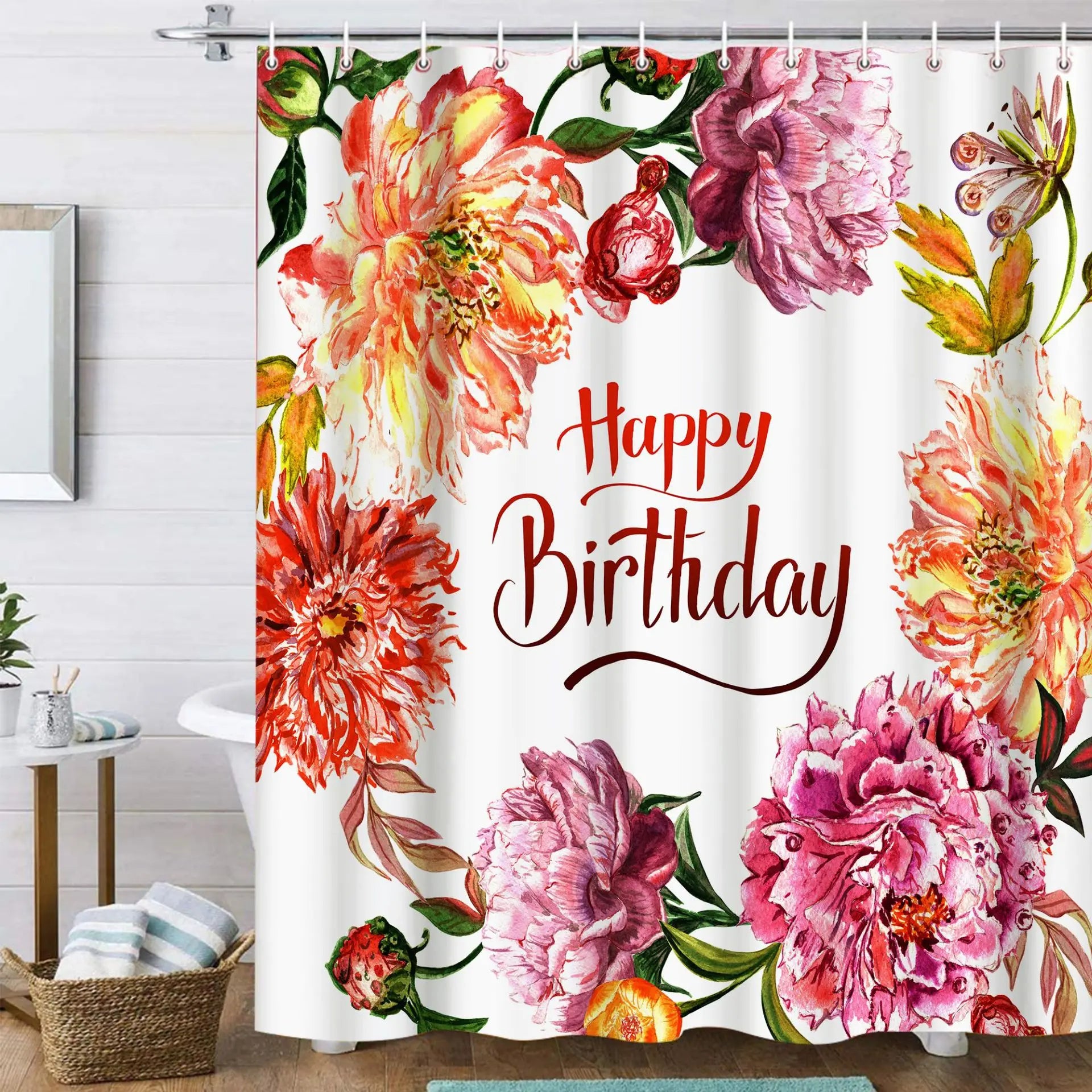Rose Flower Shower Curtain with 12 Hooks Waterproof Polyester Digital Printed Bathroom Landscape Decoration
