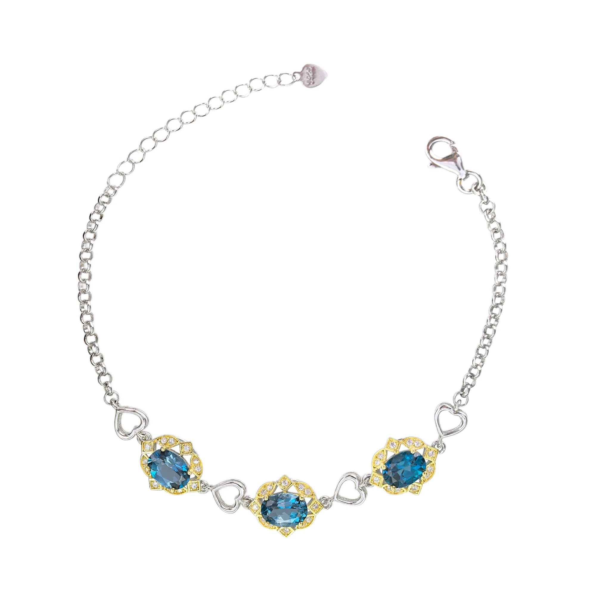 Trendy 925 Silver Natural London Blue Topaz Bracelet Rhodium and Gold Plated Heart Shaped for Women's Party Outfit or Gift