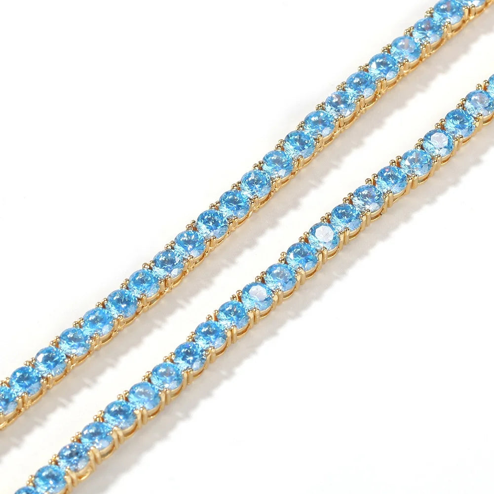 Hip-hop New 4mm Copper Aquamarine Zircon Row Necklace Gold Plated Tennis Chain Fashion Tide Brand Men and Women Wild Jewelry