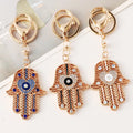 Ins Fashion Evil Eyes Fatima Hand Pendant Keyring Bling Rhinestone Crystal Heart Hamsa Hand Keychain for Gift