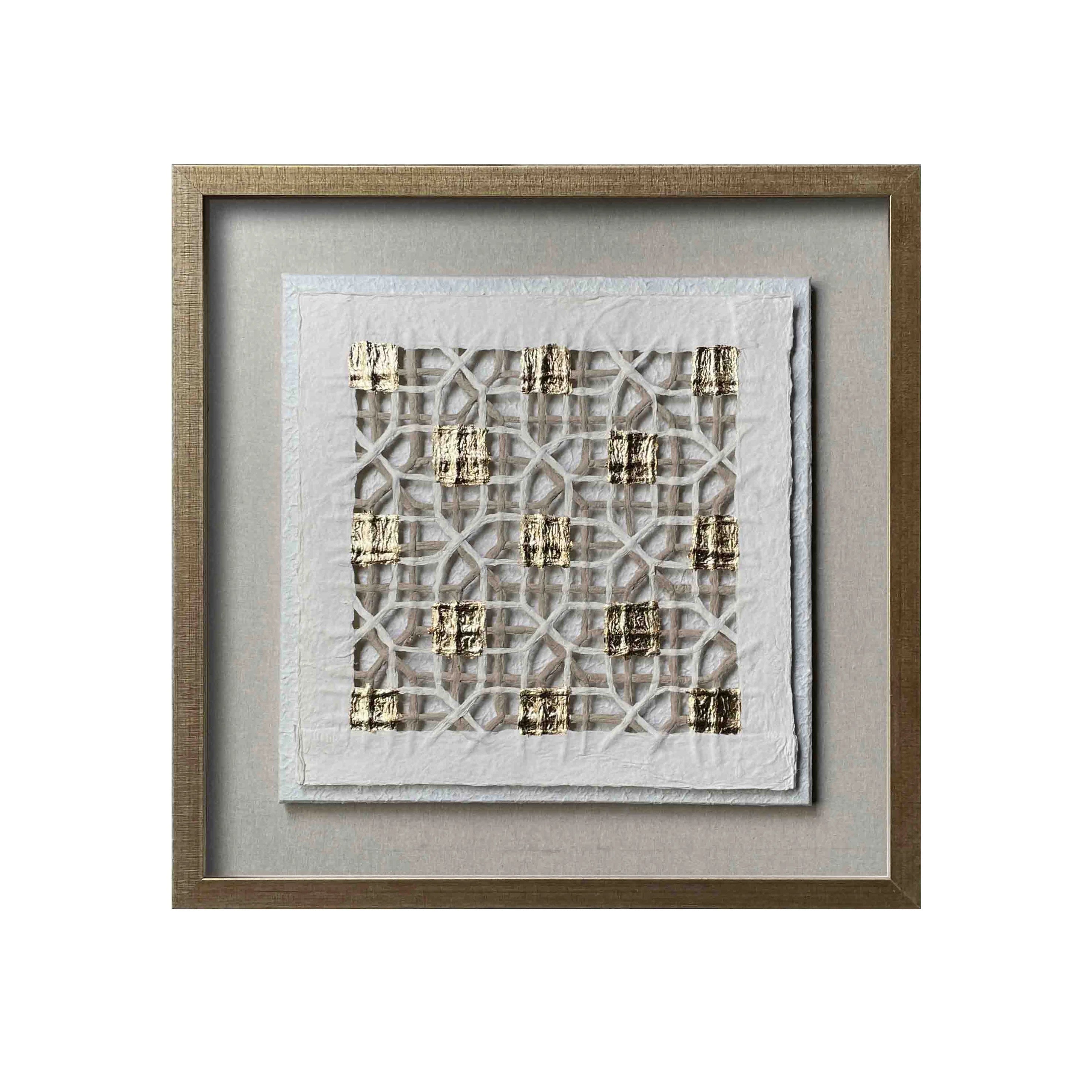 Rural Abstract Vortex Rice Paper Wall Art Gold Foil Frame with Front Glass for Home Decor Shadow Box Decoration