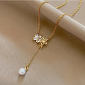 Sparkling Micro Diamond Flower Pearl Pendant Necklace Stainless Steel Chain Gold Plated Zircon Bling Flower Pearl Necklace