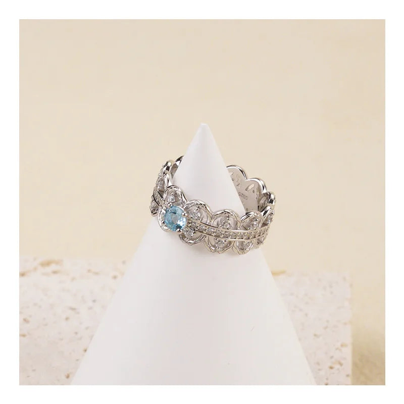 925 Sterling Silver Chunky Healing Crystal Eternity Band Ring Hollow Natural Blue Topaz CZ for Women's Wedding
