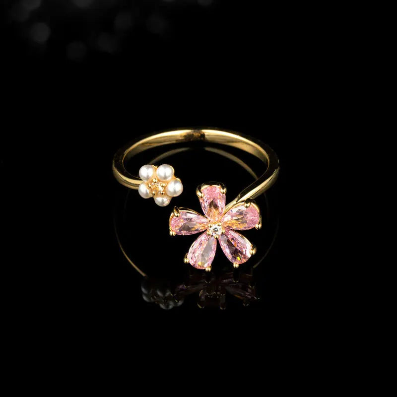 Wholesale Female Fine Gold Plated Open Cuff End Flower Charm Engagement Wedding Finger Ring Jewelry Women Rings
