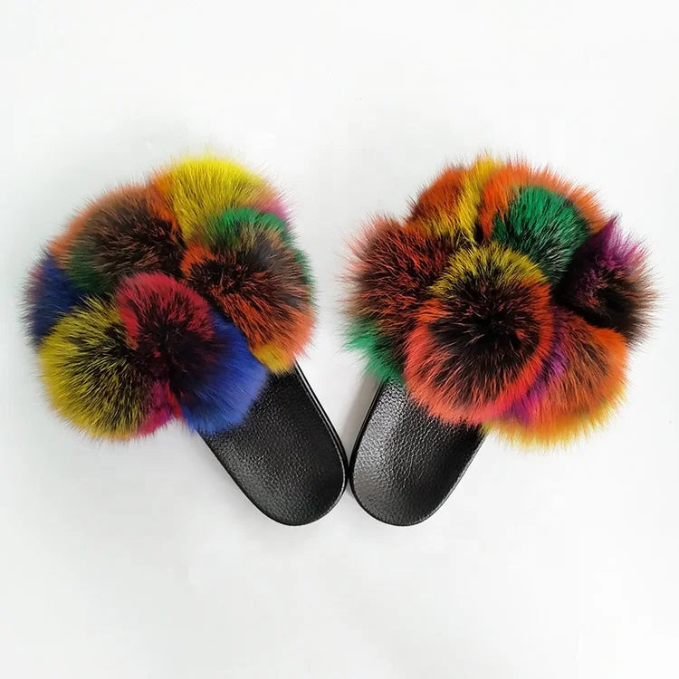 Wholesale Furry Slippers Ladies Cute Plush Real Fox Hair Sandal Shoes with Fur Pom Pom Fluffy Women's Fur Slippers