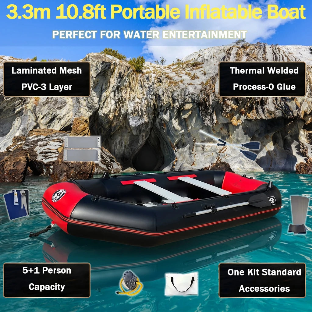 Solarmarine 3.3 M 6 Person Inflatable Boat PVC Fishing Ship Rowing Dinghy Kayak Canoe Hovercraft Raft Plywood Floor Surfing