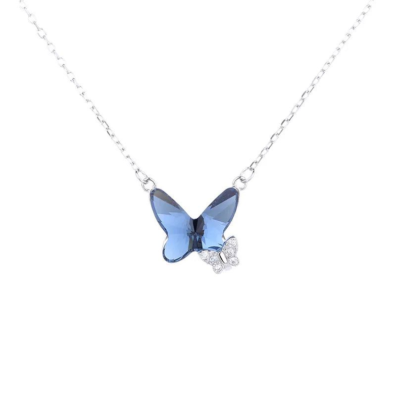 Luxury Women's 925 Sterling Silver Austria Crystal Necklace 2-Piece Butterfly Collection