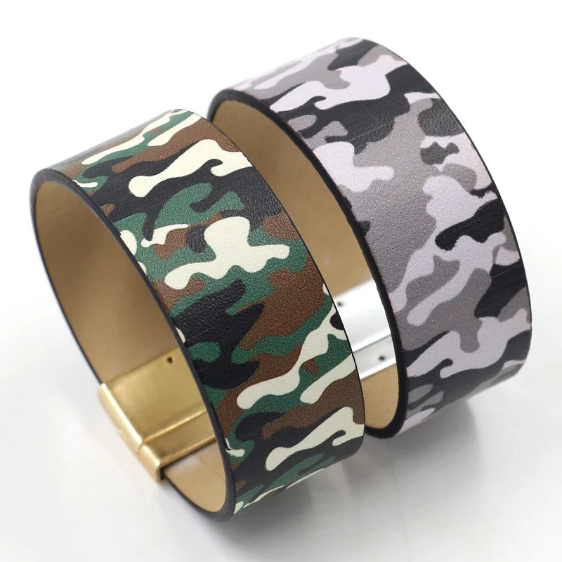 Trendy Jewelry Youth Camouflage Pattern PU Leather Wide Wrap Bracelet for Men Women