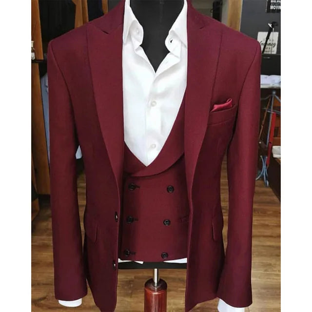 Costume Homme Burgundy Men Suits Fashion Groom Tuxedo Wedding Prom 3 Pcs Slim Fit Men Blazer Terno Masculino Jacket+Vest+Pant