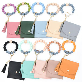 Custom Card Holder Keychain Coin Purse Silicone Bead Bracelet Leather Beads Tassel Wristlet Wallet Keychain for Women