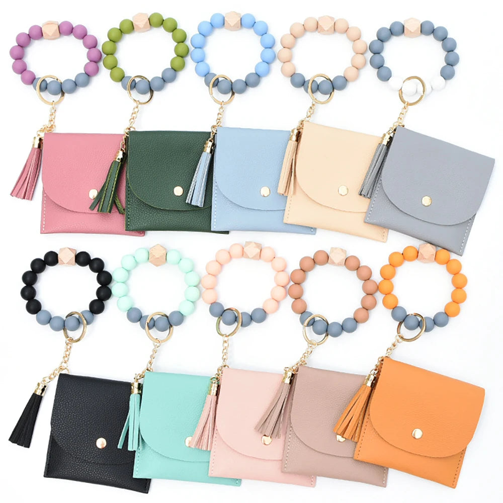 Custom Card Holder Keychain Coin Purse Silicone Bead Bracelet Leather Beads Tassel Wristlet Wallet Keychain for Women