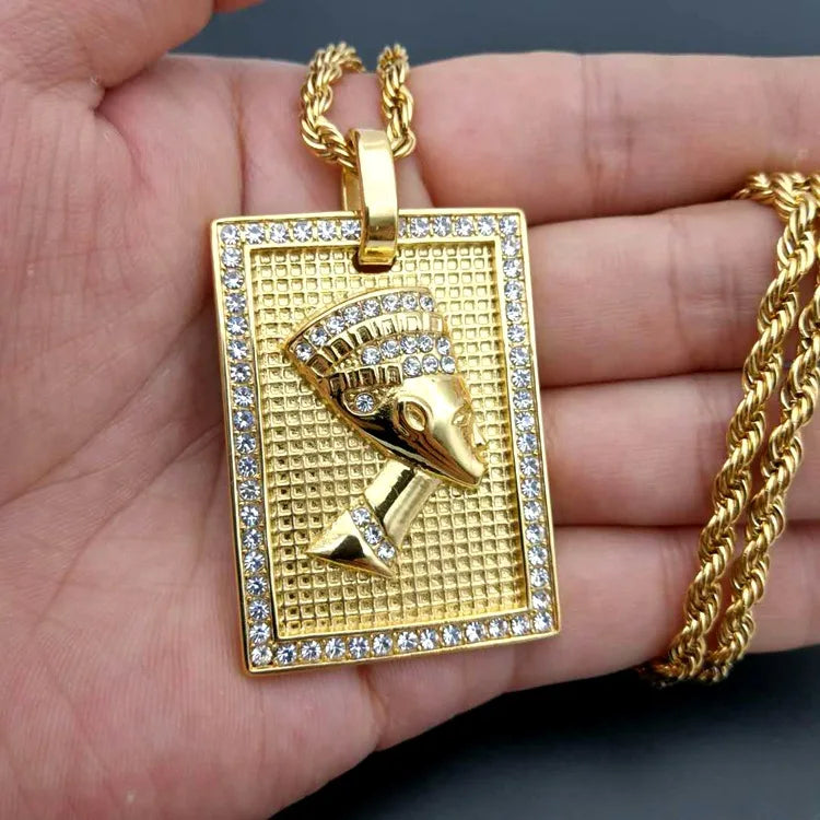 Gold Plated Stainless Steel Nefertiti Pharaoh Pendant Necklace Ancient Egyptian Queen Design for African Hip Hop Party Gift
