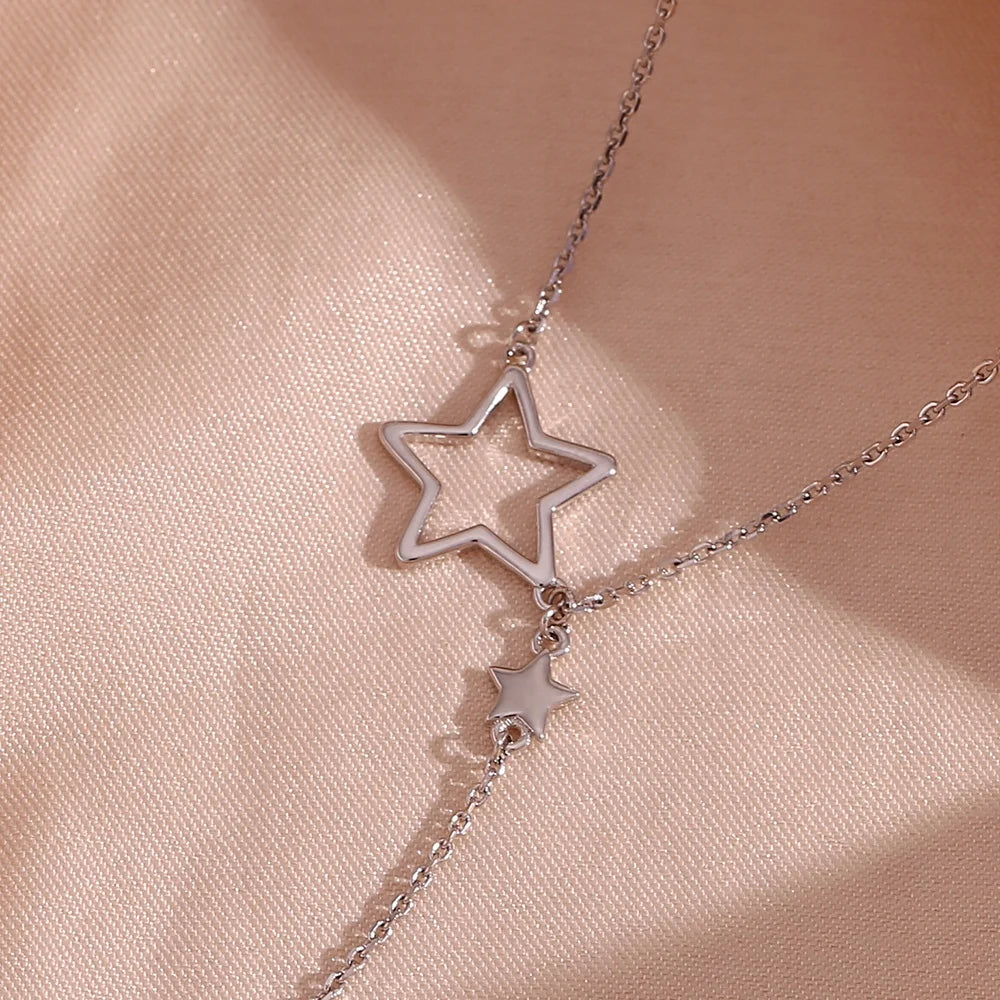 Dreamshow Rhodium Plated Hollow Out Star Tassel Necklace 925 Silver Jewelry Necklace Statement Charm Necklace