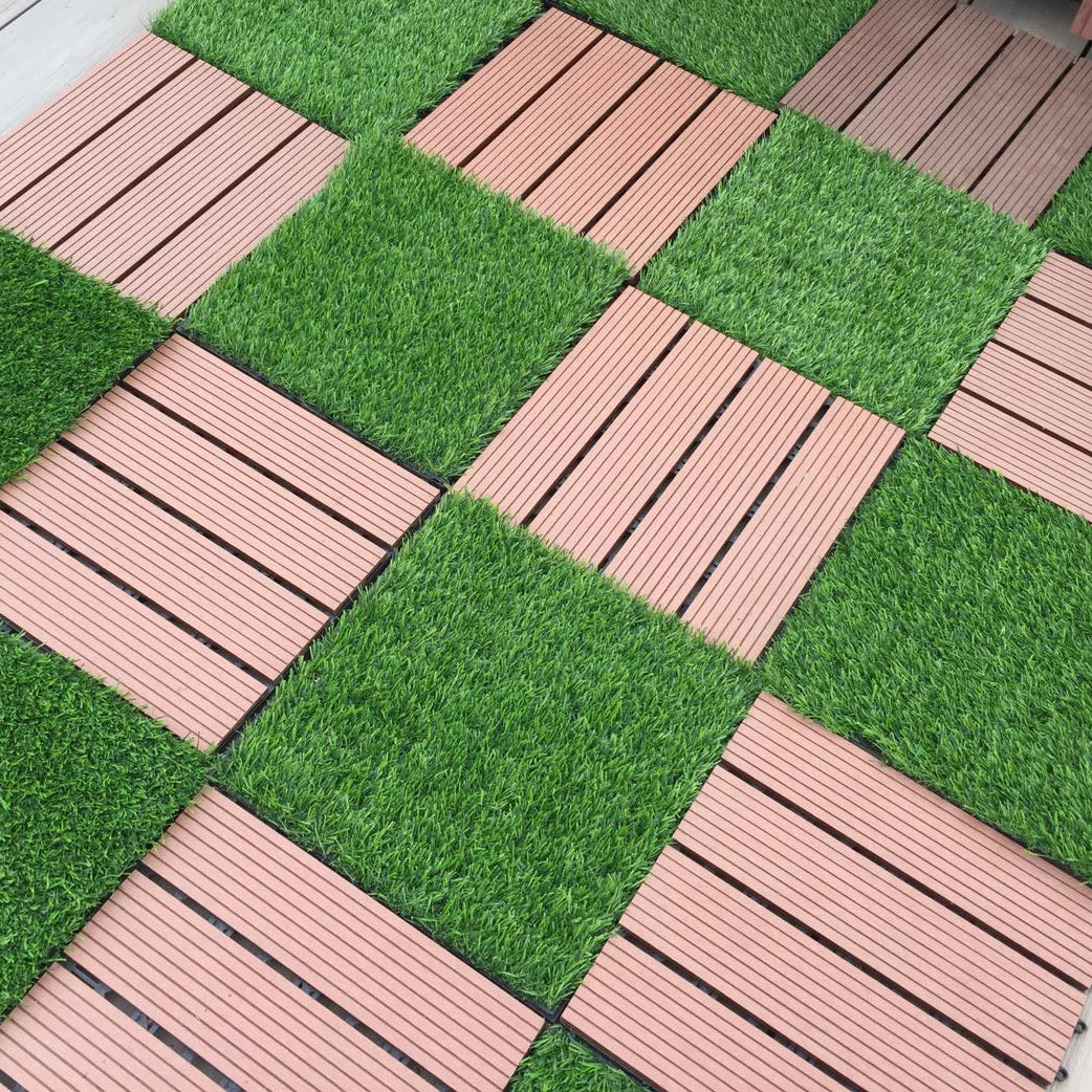 WPC Interlocking Flooring Tiles Artificial Grass Turf Tile Waterproof Brushed Outdoor Lawn Landscape Mat for Backyard