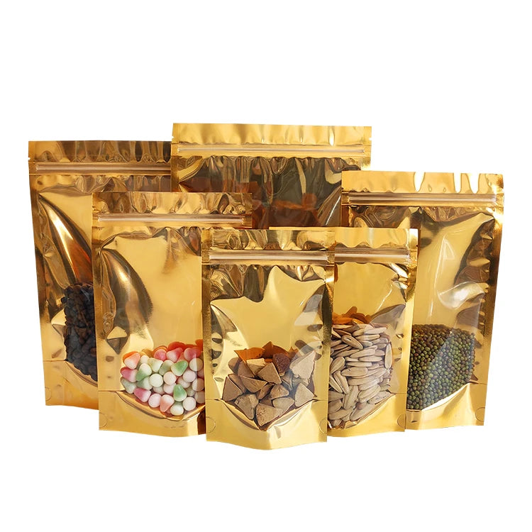 12x20cm Wholesale Shiny Gold Color clear Transparent Aluminum Foil Metallized Zip Lock Stand up Food Packaging Bags