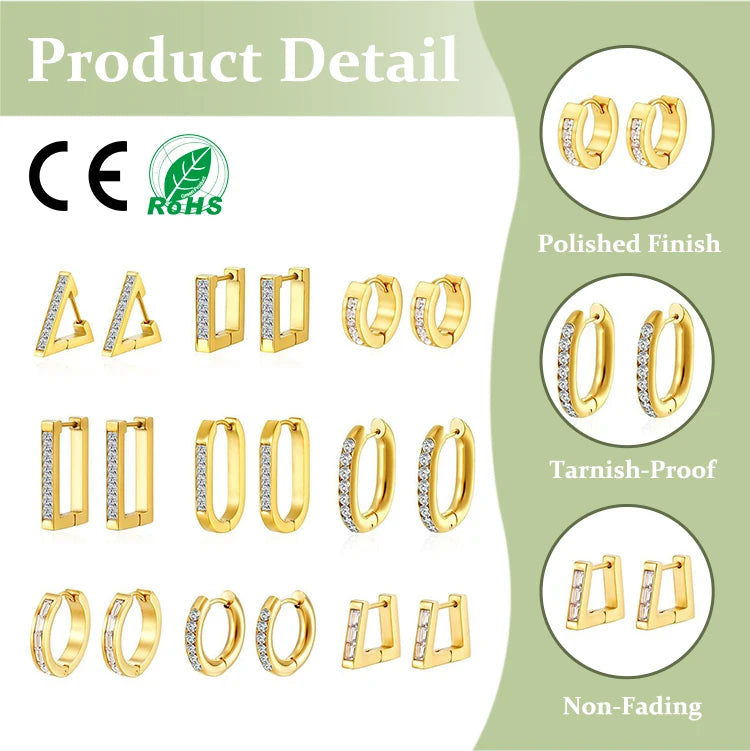 Custom Small Plating Hoop Triangle Stud Earrings 14k Gold Filled Zircon Huggies Earrings Small Stainless Steel Earring
