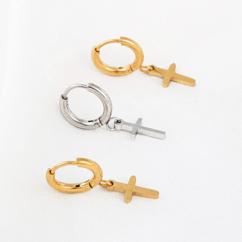 Stainless Steel Dangle Drop Hoop Earrings for Women Men Gold Plated Dainty Earring Hypoallergenic Cross Hoop Earrings