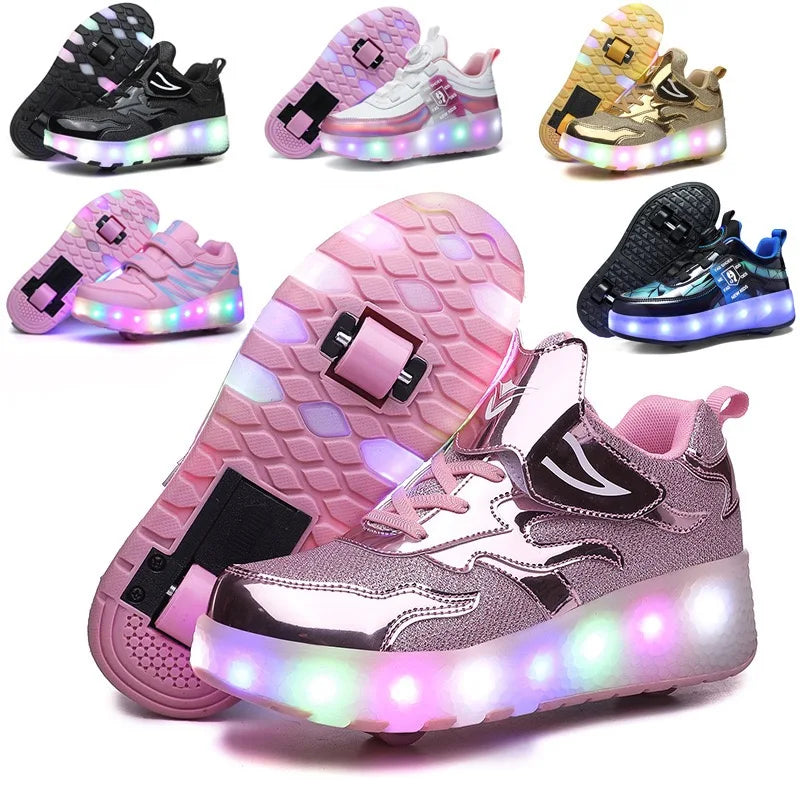 Factory Direct Hot Sale High Top LED Roller Shoes Adjustable Light Soft Sole Breathable Comfort Outdoor Walking Sneakers MegaBDM