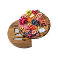 Round Slide Out Acacia Wood and Slate Cheese Serving Board With 4 Piece Specialist Knife Set 11.37 Inch Diameter