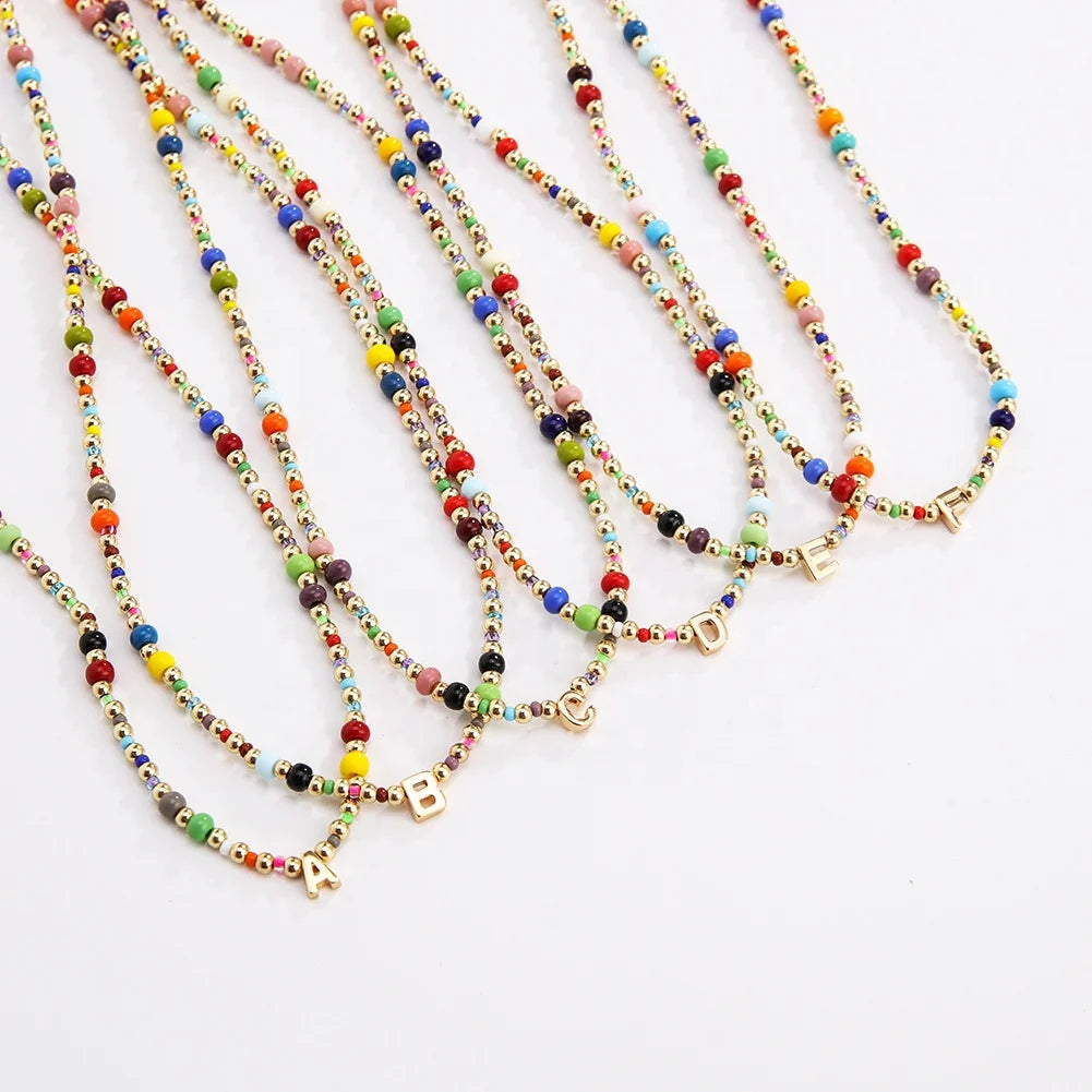 Custom 18K Gold Plated Bohemia Style A-Z 26 Letters Necklace Czech Beads Choker Clavicle Necklace