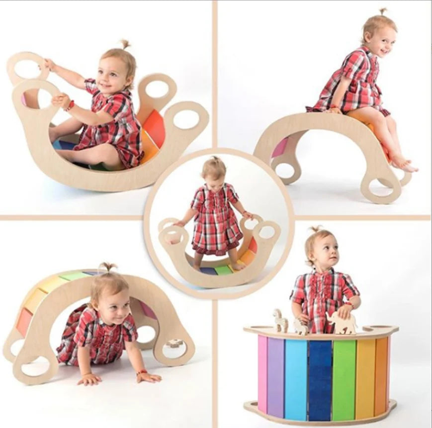 Wooden Children Rainbow Rocking Chair Climbing Interactive Physical Training Kindergarten Early Educational Toys